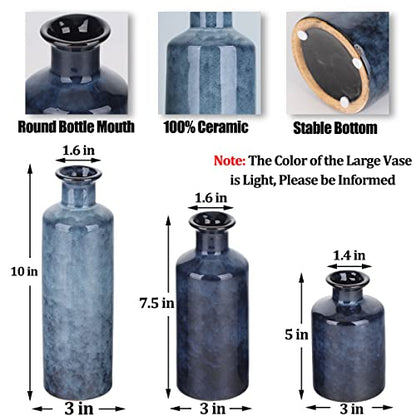 Ceramic Vases Set - Small Blue Vases for Farmhouse, Living Room, Table and Fireplace Decor