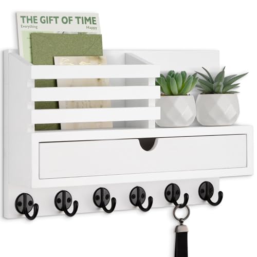 Key Holder Wall Mount, Mail Holder with Storage Drawer and 6 Key Hooks for Coat, Dog Leash, Home Decor Rack, House Accessories, Entry Way Organizer - color: White, size: Large - 13.8 Inch