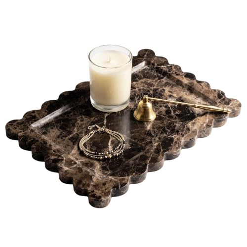 Large Dark Brown Marble Vanity Tray, Scalloped Bathroom Counter Tray | Elevates Countertops with Timeless Natural Stone Beauty - color: Dark Brown