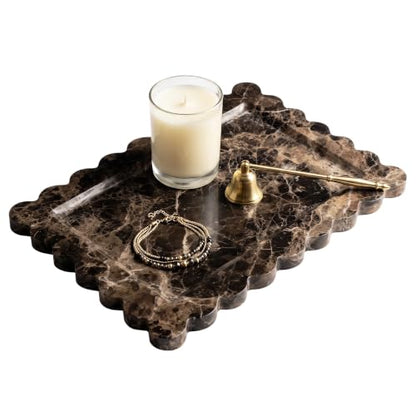 Large Dark Brown Marble Vanity Tray, Scalloped Bathroom Counter Tray | Elevates Countertops with Timeless Natural Stone Beauty - color: Dark Brown