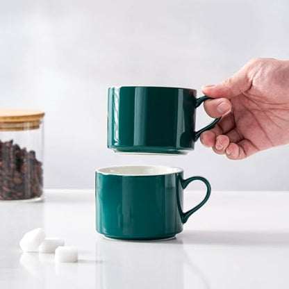 10oz Porcelain Stackable Coffee Mugs and Metal Stand Set of 4, Espresso Cups Set for Hot Drinks, Cappuccino, Tea-Green - color: Green