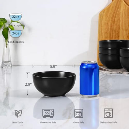 Selamica Ceramic Cereal Bowls set of 6, 24 oz Soup Bowls for Salad, Oatmeal, Microwave Dishwasher Safe, Matte Black - color: Matte Black, size: 24 Oz