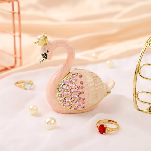 QIFU Hand Painted Pink Swan Style Enamel Trinket Box Hinged, Eleagnt Small Jewelry Box to Store Jewelry in Style - style: Swan