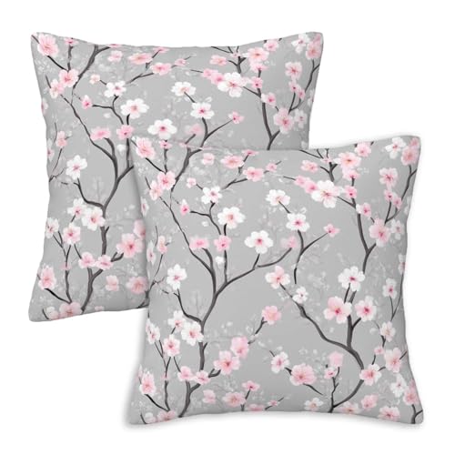 Cherry Blossom Throw Pillow Covers 18x18 Set of 2, Gray Pink Sakura Decorative Cushion Covers for Couch Sofa Bed Living Room, Japanese Floral Home Decor Pillow Cases for Bedroom - color: Cherry Blossom
