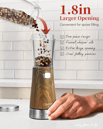 Electric Salt and Pepper Grinder Set with Storage Base, Stainless Steel Rechargeable Salt and Pepper Grinder Set with 4.5 oz Large Capacity, 1.8" Wide Mouth, Adjustable Coarseness, Ideal for Kitchen - color: Dark Wood Grain