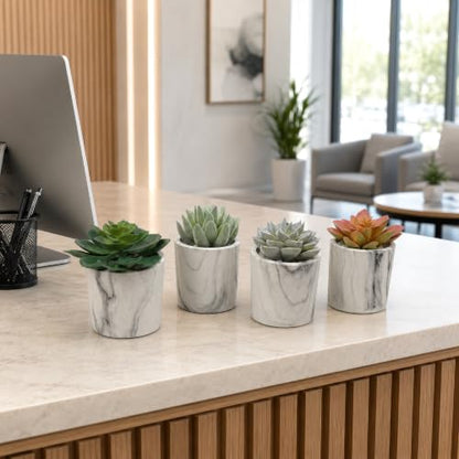 4.75" Set of Assorted Succulent Artificial Plants w/Fake Marble Pots -Green/Burgundy