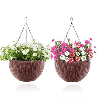 13.8 Inch Self Watering Hanging Planter, 2PCS Round Resin Hanging Basket for Indoor Outdoor Plants, Rattan Look Flower Pot with Drainage Plug, Deep Inner Pot and Sturdy Metal Triple-Chain Hanger - color: Coffee Brown