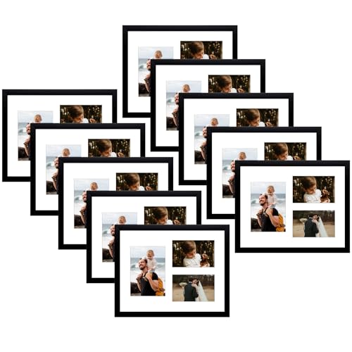 Golden State Art 11x14 Black Wood Picture Frame for 5x7 and 4x6 Photos | 3 Opening Picture Frame,White Mat included,Real Glass, Sawtooth Hanger - Wall Mounting - Great for Posters, Weddings(10 Pack) - color: Black&White Mat-6P, size: 1 5x7 And 2 4x6