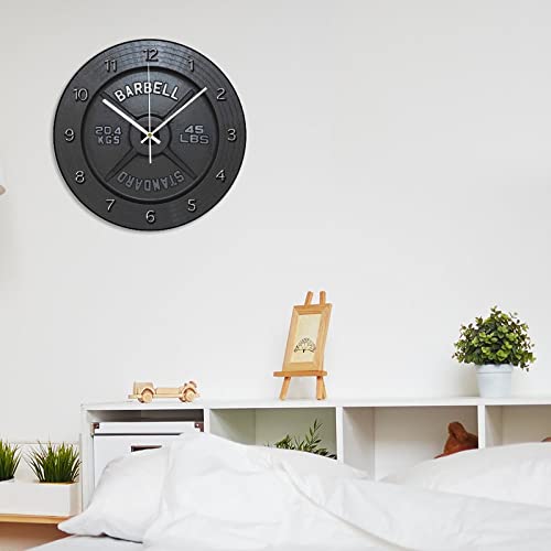 ArogGeld Barbell Wooden Wall Clock Rustic Style Battery Operated Silent Non Ticking Clocks Numerals Decorative for Kitchen Living Room Bedroom Office Farmhouse Gift 12x12in