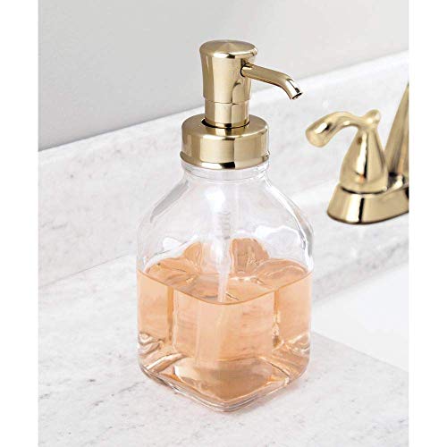 mDesign Square Glass Refillable Liquid Soap Dispenser Pump Bottle for Bathroom Vanity Countertop, Kitchen Sink - Holds Hand Soap, Dish Soap, Hand Sanitizer, Essential Oils - 2 Pack - Clear/Soft Brass - color: Clear/Soft Brass