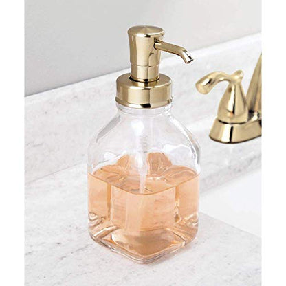 mDesign Square Glass Refillable Liquid Soap Dispenser Pump Bottle for Bathroom Vanity Countertop, Kitchen Sink - Holds Hand Soap, Dish Soap, Hand Sanitizer, Essential Oils - 2 Pack - Clear/Soft Brass - color: Clear/Soft Brass