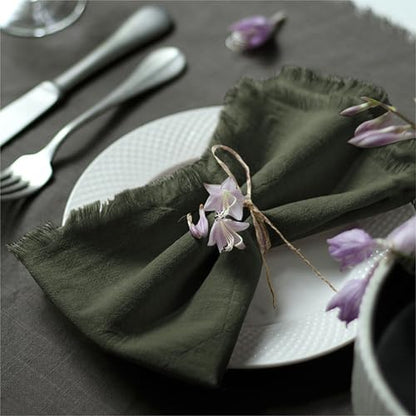 Handmade Cloth Napkins 100% Cotton Napkins with Fringe，Delicate Handmade Cloth Napkins for Dinners, Parties, Weddings and More，18 x 18 Inch Set of 4 - Olive Green - color: Olive Green