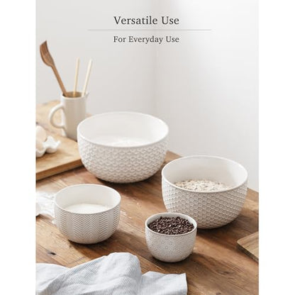 Ceramic Mixing Bowls, Embossed Nesting Bowls Set of 4, Mixing Bowl Set for Serving, Baking, Cooking and Gift, Microwave and Dishwasher Safe, 20/47/99/148 oz, Off-White - size: 20&47&99&148 oz