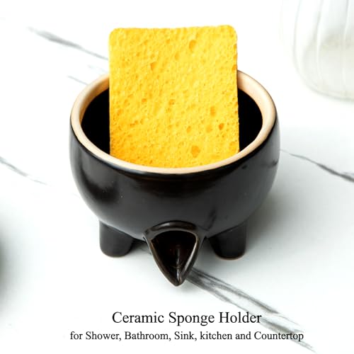 Ceramic Sponge Holder with Drainage, Black Sink Caddy Organizer | Self-Draining Kitchen Versatile Holder for Sponges, Brushes & Bar Soap, Scrubber , Quick-Dry Design, Keeps Countertop Dry