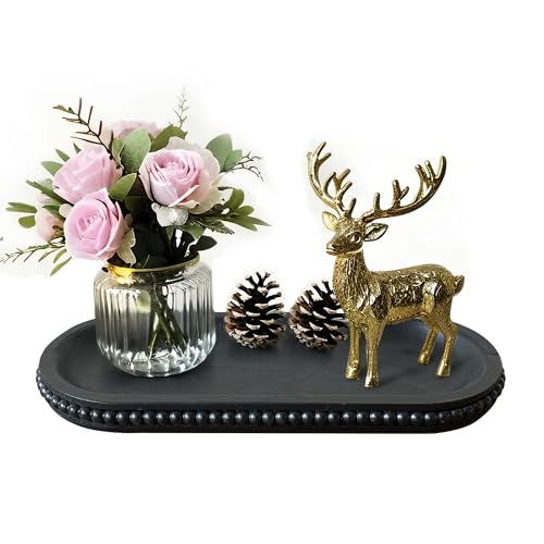 Wooden Farmhouse Decorative Tray, 12in Rustic Beaded Tray for Living Room Decor, Kitchen Table Décor, Oval Coffee Table Serving Tray (Black) - color: Black