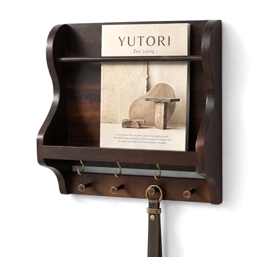 Acacia Wood Mail Organizer Wall Mount with 7 key Hooks Entryway, Dark Brown | Mail Holder for Wall, Key Rack for Keys and Wallets, Mail Holder, Farmhouse Magazine Holder, Wood Decor, Home Organization - color: Dark Acacia Wood