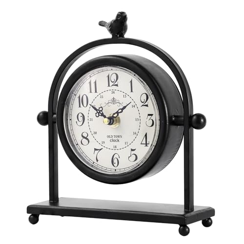 Vintage Farmhouse Table Clock with Bird Topper, Silent Non-Ticking Mantel Clock with Closable Back Cover, Black Iron Decorative Desk Clock for Living Room, Fireplace Mantel & Bedroom, 8 Inch - style: Bird Clock