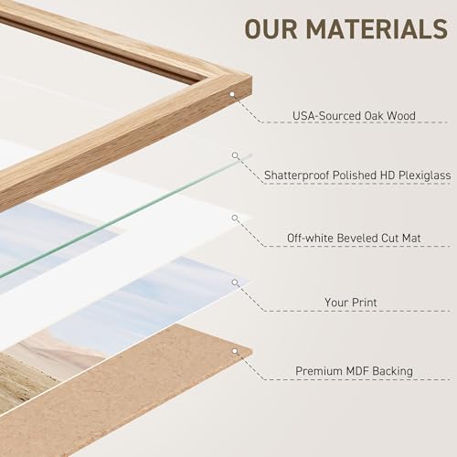 16x20 Picture Frame Set of 4 Natural Solid Oak Photo Frames with 11x14 Removable Mat Wall Hanging Large Handcrafted Frame with HD Plexiglass Wall and Tabletop Display Large Poster Frame - color: Oak, size: 16X20,4P
