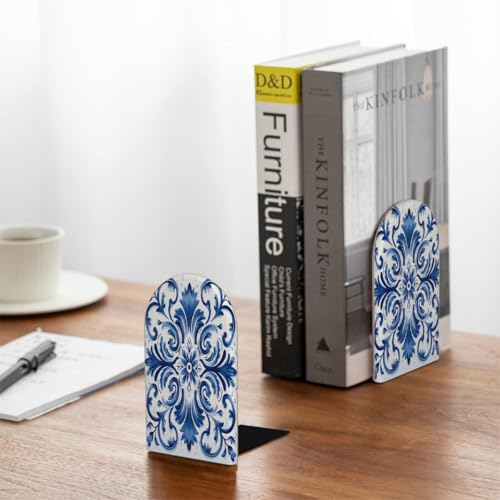 Blue White Flower Ceramic Pattern Bookends Decorative Wooden Book Ends Heavy Duty Metal Bookends Non Slip Book Holders for Shelves Desk Office Library Home Decor