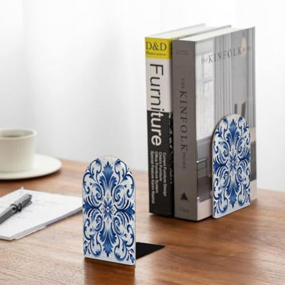 Blue White Flower Ceramic Pattern Bookends Decorative Wooden Book Ends Heavy Duty Metal Bookends Non Slip Book Holders for Shelves Desk Office Library Home Decor
