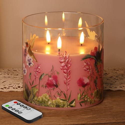 Pink Hummingbird Large 3 Wick Glass Flameless Pillar Candle with Remote | 6x6 inch Floral LED Candle Flickering, Triple Wick, 2 AA Battery Powered, Cottagecore Home Table Decor - color: Hummingbird