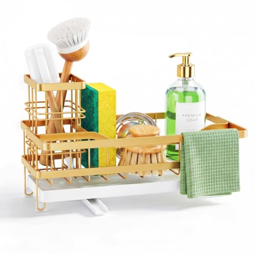Sponge Holder for Kitchen Sink, Self-draining Sink Caddy, Gold | Metal Countertop Organizer with Towel Rack & Brush Holder, Rustproof Sink Storage Rack for Dish Soap and Cleaning Essentials - color: Gold