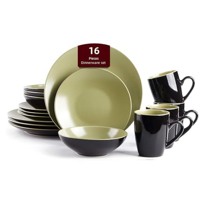 Stoneware Two-Tone Colors Life 16pc Dinner Set，Outside Shiny Black + Inside Matte Glaze Olive - color: Olive, size: 16pc Set
