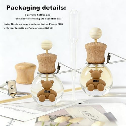 2 Pack Bear Car Vent Clip Diffuser Refillable Empty Glass Bottle | Wood cap glass diffuser with dropper, DIY essential oil freshener for car wardrobe bathroom home - size: Bear-A5 - 2PCS
