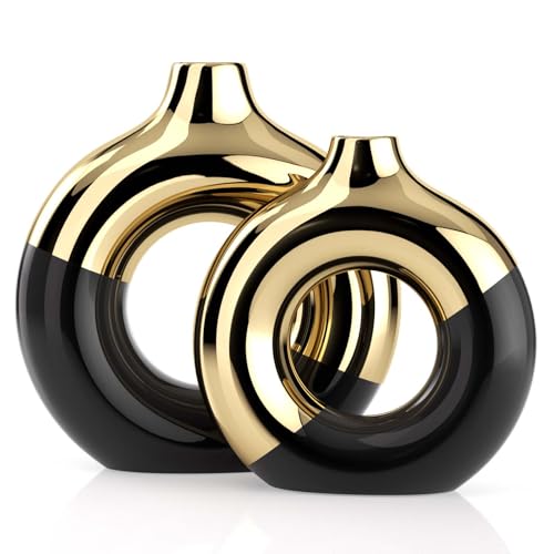 Black and Gold Ceramic Vase Set of 2,Round Donut Hollow Flower Vases for Home Decor Accents,Modern Minimalist Centerpiece Table Decorations,Wedding,Living Room,Bookshelf,Office,Entryway - color: Black