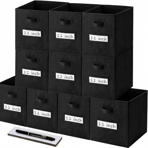 Storage Bins,11" Cube Storage Bin with Labels,10pcs,Black | Fabric Storage Cubes for Shelves,11 Inch storage cube bins with 10 Labels Window Cards & a Pen. - color: Black, size: 11"