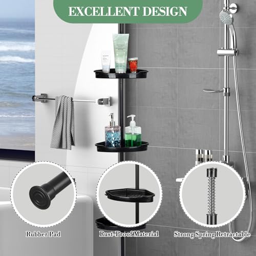 360° Rotating Corner Shower Caddy Organizer Tension Pole, 4-Tier Adjustable Rustproof Corner Shelf with Metal Pole for Inside Shower, Extra Towel Bar & Soap Dish, Bathroom Storage for Bathtub, Black