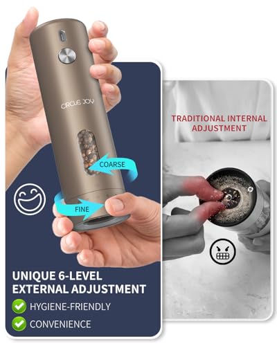 CIRCLE JOY Rechargeable Electric Salt and Pepper Grinder Set with Base, Automatic Pepper Mills with 110ml Container, External Adjustable Coarseness, White Led Light and One-Handed Operation, Brown - color: Brown
