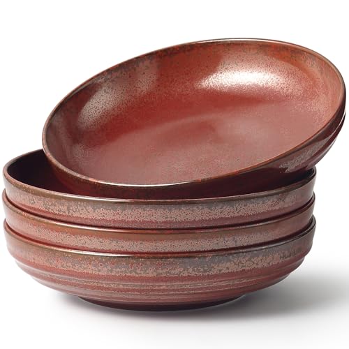 HAPPY KIT Stoneware 9'' Pasta Bowls 42oz Set of 4, Rust Red | 42 Oz, Stoneware Reactive Glaze, Ceramic Serving Bowls for Fruit, Soup, Noodle, Dinner, Scratch Resistant - color: RustRed