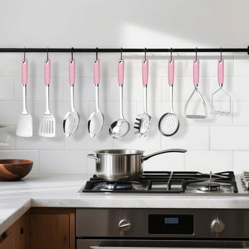 18/0 Stainless Steel Cooking Utensils Set, Heavy Duty Pink Handle for Kitchen Daily Use Party Wedding Housewarming, Dishwasher Safe, 9 Pieces - color: Pink, size: 9PCS-Cooking Utensils Set