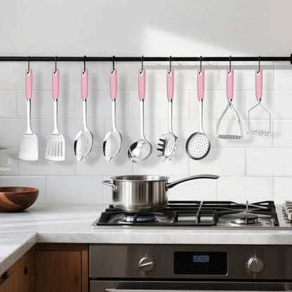 18/0 Stainless Steel Cooking Utensils Set, Heavy Duty Pink Handle for Kitchen Daily Use Party Wedding Housewarming, Dishwasher Safe, 9 Pieces - color: Pink, size: 9PCS-Cooking Utensils Set
