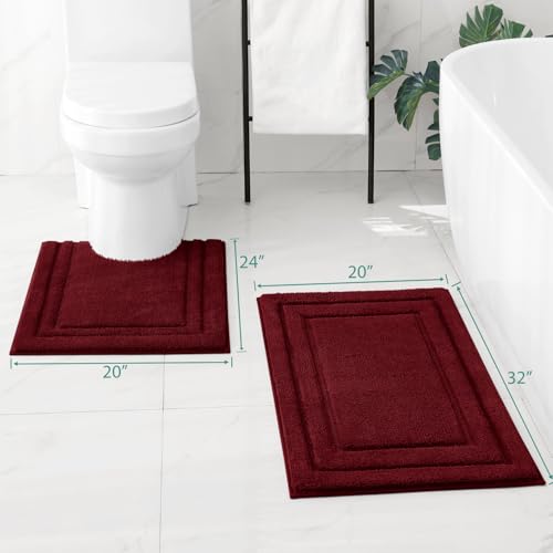HOMEIDEAS Bathroom Rugs Sets 2 Piece, Super Soft and Absorbent Non Slip Microfiber U-Shaped Toilet Bath Mat Set (20"x32"+U20 x24, Burgundy Red) - color: Loop- Burgundy Red, size: 1'8" x 2'8" (20"x32"+U Shape 20"x24")