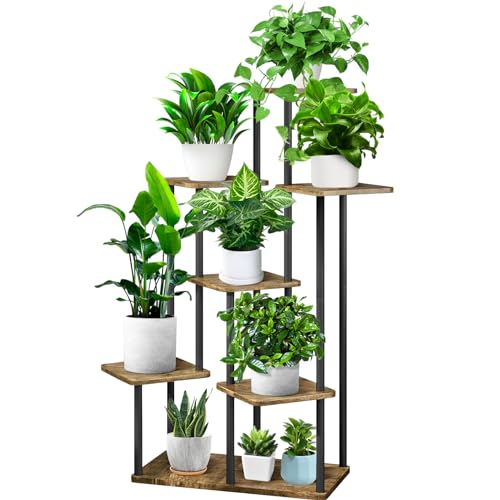 7 Tier Plant Stand Indoor, Thickened Metal Wood Corner Plant Shelf Stands for Multiple Plants, Indoor Tall Plants Stand Tiered Flower Holder for Living Room Patio Garden Balcony(Black+Brown) - color: Black+Brown, size: 7 Tier