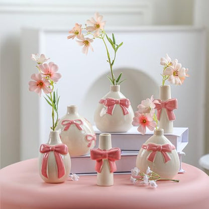 6 Pcs Pink Bow Vase Tiny Ceramic Bud Vase for Girl Coquette Home Decor Small Flower Vases Centerpieces Shelf Table for Living Room Wedding Baby Shower Decor
