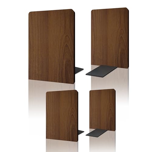 Brosisincorp Walnut Wood Book Ends for Shelves - Hand Polished Edges, Non-Skid Bookends for Heavy Duty Book Holders Office Desk Shelves Decorative Book Organizer, 6.69"H x 4.72"W x 3.94"L (2 Pairs) | 6.69"Hx4.72"Wx3.94"L, Heavy Duty Wooden Bookend with St