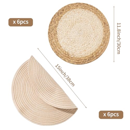 Handmade Round Boho Placemats Set of 6 | Natural Woven & Polyester Braided Combo Table Mats | 12-Piece Versatile Place Mats | Simple Rustic Farmhouse Style Dining Table Decor, Beige - color: Beige