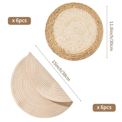 Handmade Round Boho Placemats Set of 6 | Natural Woven & Polyester Braided Combo Table Mats | 12-Piece Versatile Place Mats | Simple Rustic Farmhouse Style Dining Table Decor, Beige - color: Beige