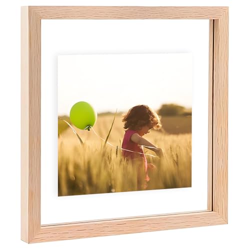 8x8 Floating Picture Frames Double Sided Tempered Glass Oak Wood Picture Frame Floating Display for Photos 7x7,6x6,5x5,4x4,or Full Display for 8"x8" Photos for Christmas,Halloween,Baby Scan,Anniversary,Wedding(Beige) - size: 8x8 inch