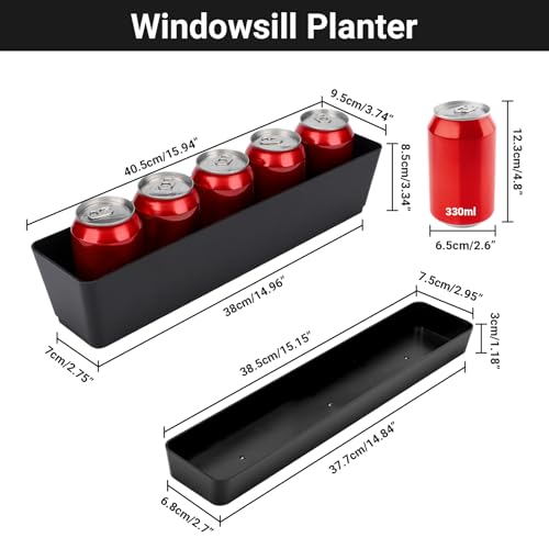 GREANER 16x3.8 Inch Herb Window Boxes 1PCS, Black Planter with Removable Trays and Drainage Holes, Succulent Flower Rectangular Plastic Pot for Balcony, Office, Windowsill, Garden, Indoor Outdoor Use - size: 1Pack/16x3.8in-black