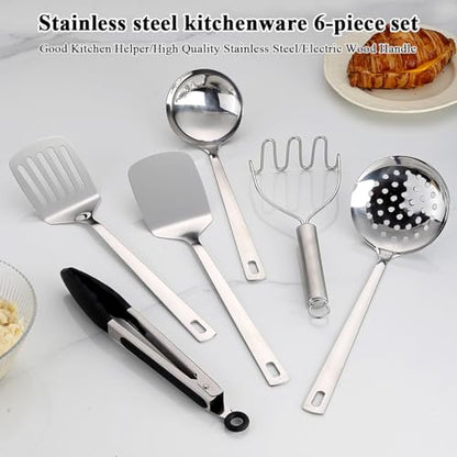 Kyraton Stainless Steel Kitchen Utensils Set 6 Pieces, Cooking Utensil Set Include Metal Spatula Sets, Skimmer, Ladle, Tongs, Potato Masher, Dishwasher Safe