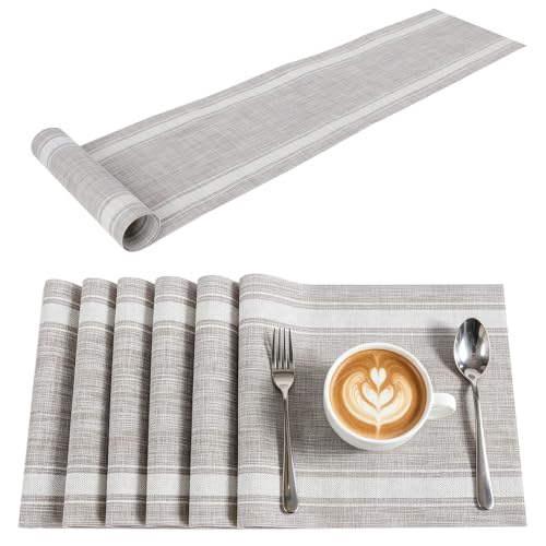 PVC Heat Resistant 6 Table Mat Sets + 1Table Tablecloth(White) | Washable Dirt Resistant Farmhouse Modern for Various Tables Decorate in Kitchen Dinner Restaurant - color: White