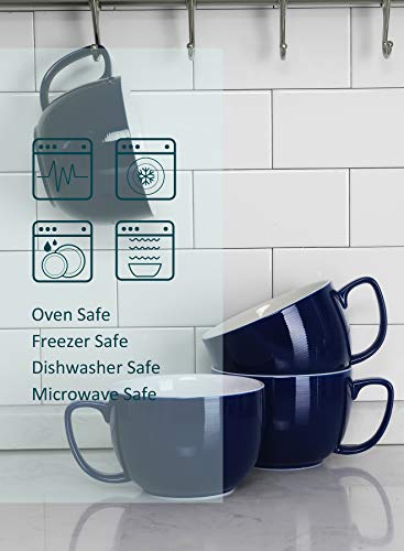 Teocera Porcelain Coffee Mugs, Soup Mugs Bowls with Handle, 24 oz Latte Mugs Set of 4 - Striped Design, Navy - color: Navy
