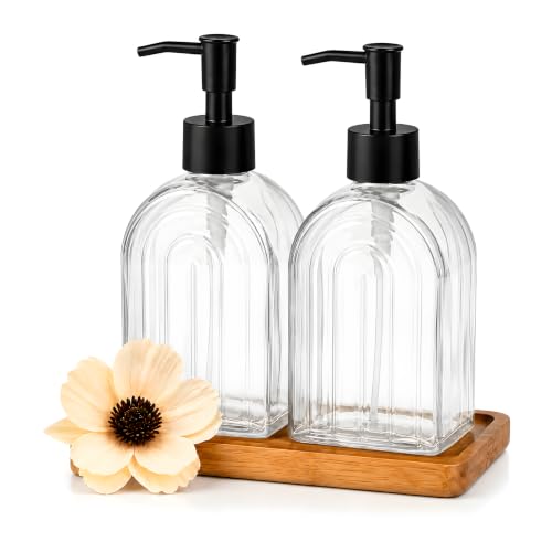 2 Pack Arch Glass Soap Dispenser with Acacia Wood Tray, 11oz Clear Rainbow Decorative Hand Soap Dispenser with Rustproof Pump, Refillable Liquid Dispenser for Bathroom, Kitchen, Countertop - color: Clear