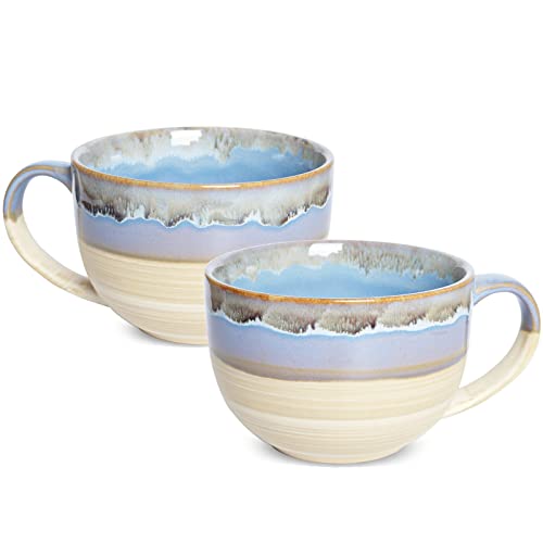 Ceramic Jumbo Coffee Mug Set of 2, 23 Oz, Large Mug Soup Bowls with Handles, Dishwasher and Microwave Safe (Blue) - color: Blue