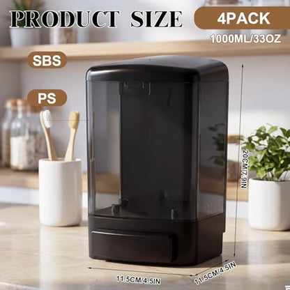 Hushee 4 Pcs Wall Mounted Soap Dispenser,33.8 Oz 1000 Ml,All Black | Manual Press, 1000ml 33.8oz Capacity Clear Window, For Restaurant Bathroom Kitchen Hotel, Liquid Soap Shampoo Dispenser - color: All Black, size: 33.8 oz 1000 ml
