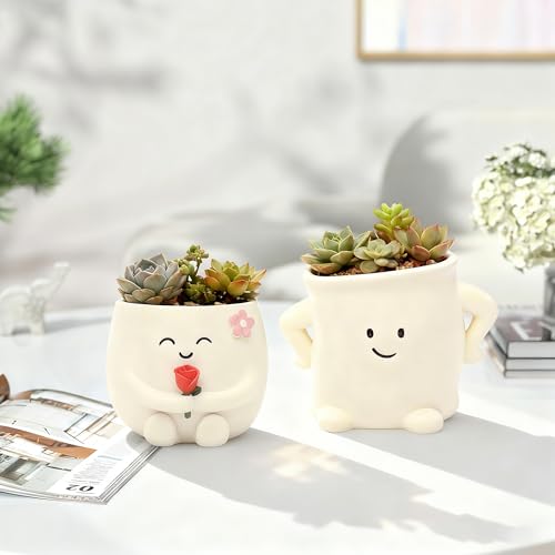 2 Pack Smiley Face Planter Pots with Drainage Hole, 3.5 Inch Cute Ceramic Succulent Pots, Funny Flower Planters for Indoor Outdoor Home Office Decor, Flower Vase Gift for Plant Lovers